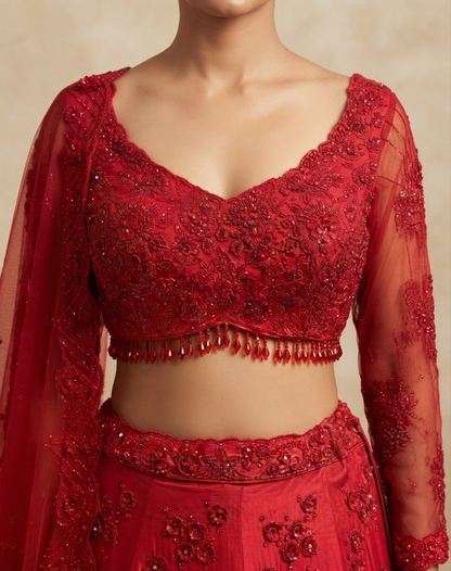 Scarlet Bloom | Cutdana & Crystal Embellished Lehenga