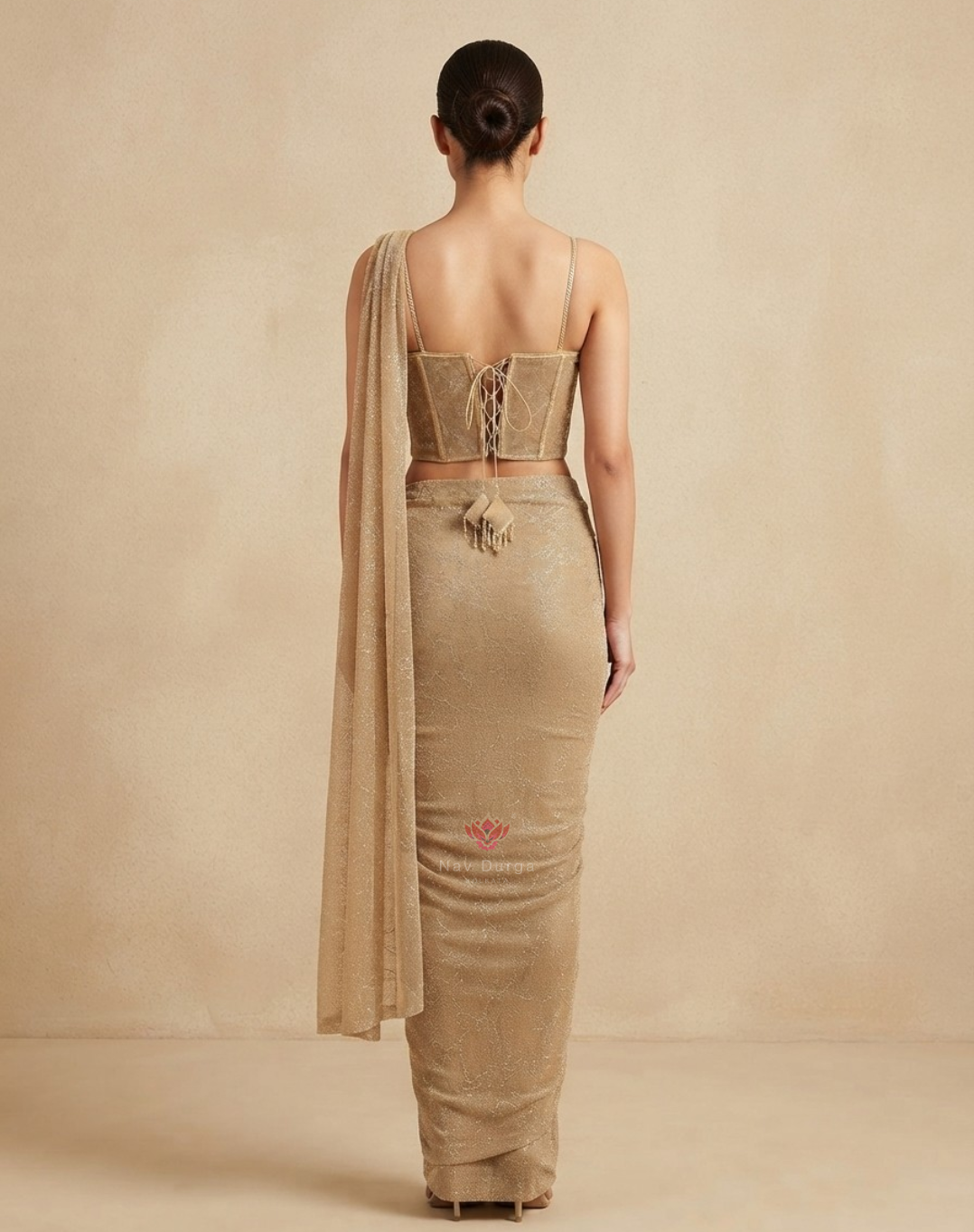 Champagne Reverie | Crystal & 3D Floral Draped Saree