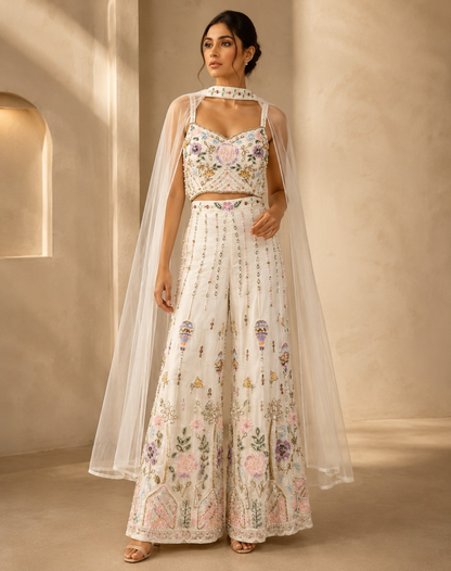 Ivory Floral Embellished Bamber Silk Jumpsuit