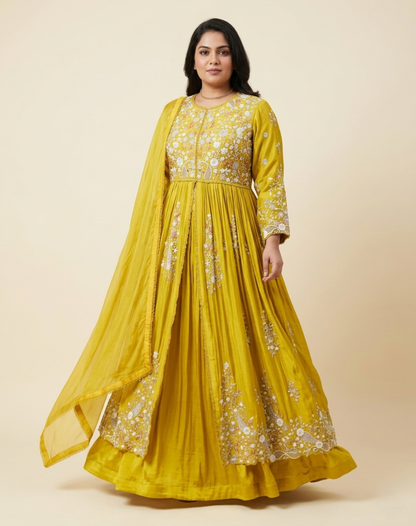Mustard Yellow Embroidered Chinon Suit Set