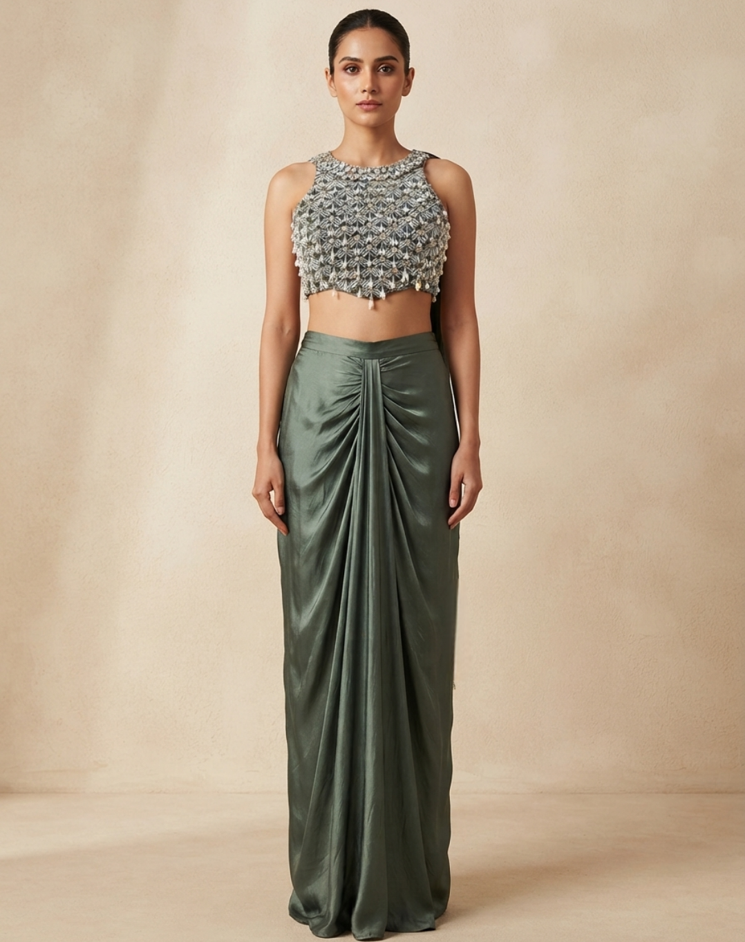 Olive Green Draped Indo-Western Set with Embellished Blouse