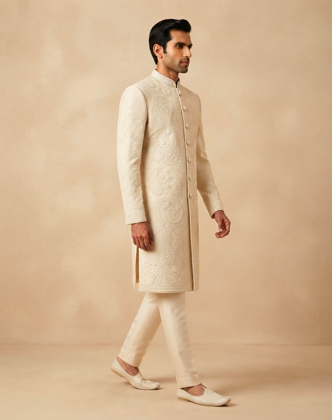 Ivory Resham & Cutdana Embroidered Sherwani
