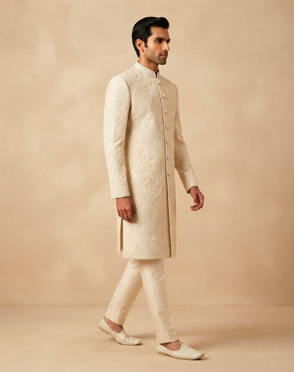 Ivory Resham & Cutdana Embroidered Sherwani