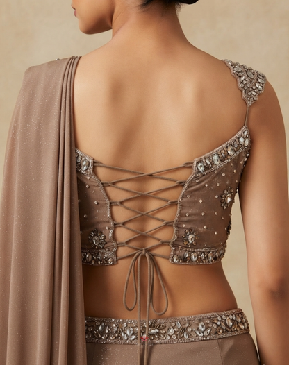 Mocha Muse | Crystal & Zari Embellished Taupe Mocha Drape Saree