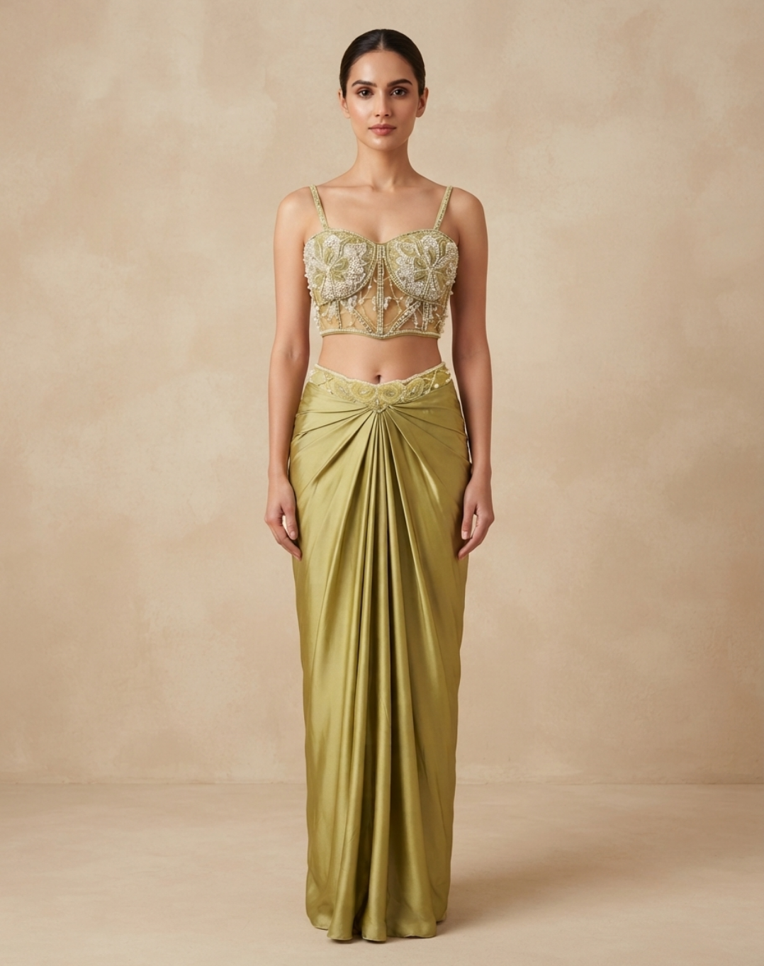Pistachio Gold Draped Indo-Western Set with Embellished Corset Blouse