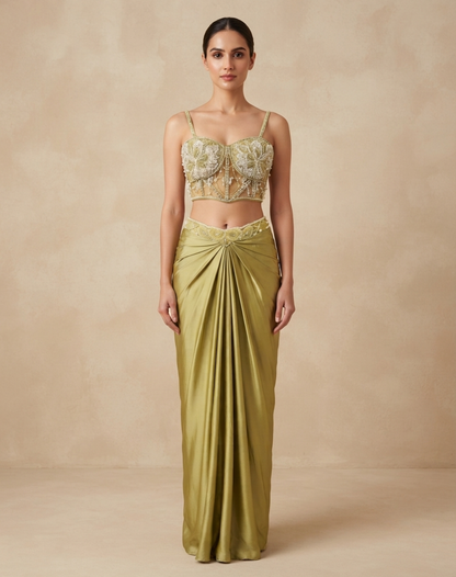 Pistachio Gold Draped Indo-Western Set with Embellished Corset Blouse