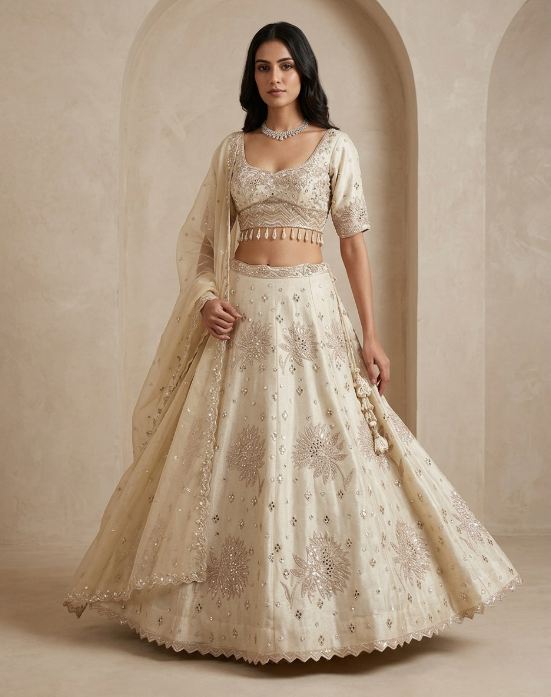 Petal Lumière | Cutdana, Mirror & Floral Embellished Lehenga