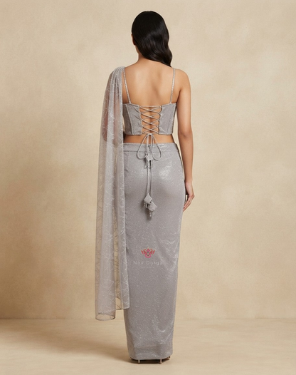 Champagne Reverie | Crystal & 3D Floral Draped Saree