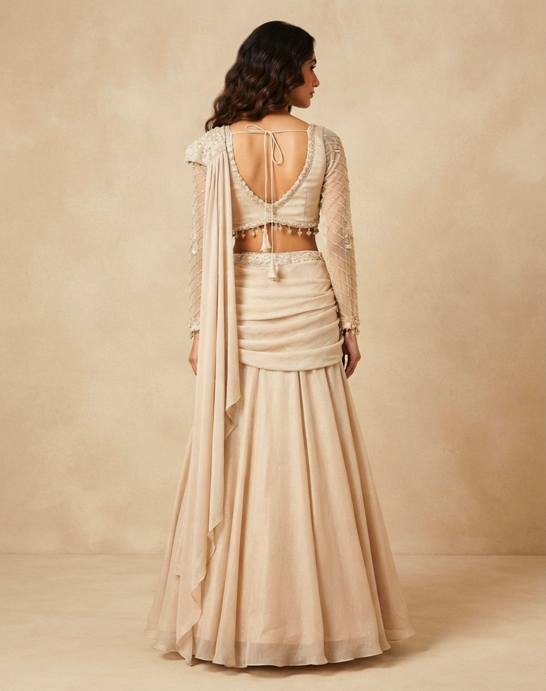 Champagne Radiance | Sequin & Cutdana Embellished Draped Skirt Set