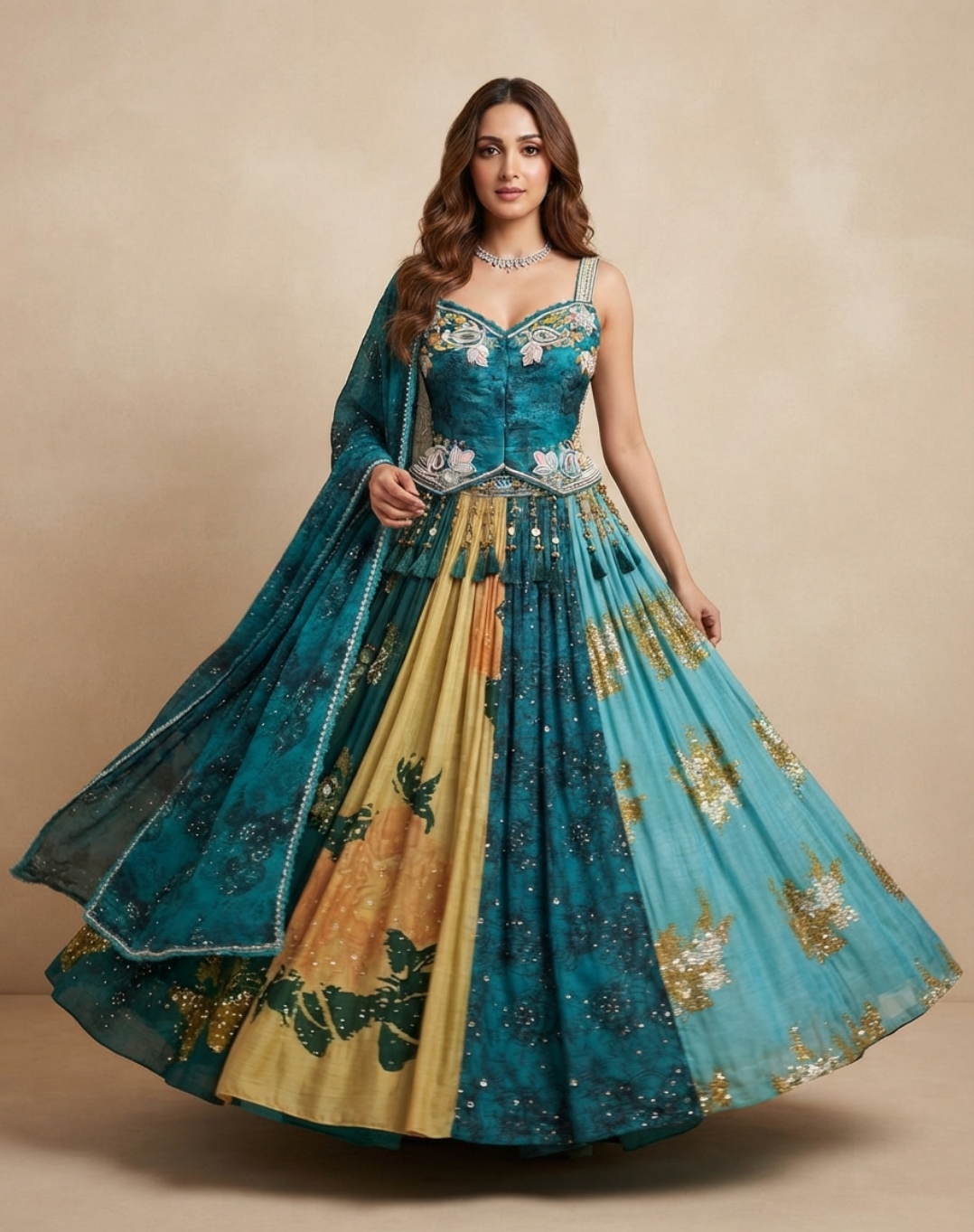 Teal Blue Printed Lehenga with Corset-Style Blouse