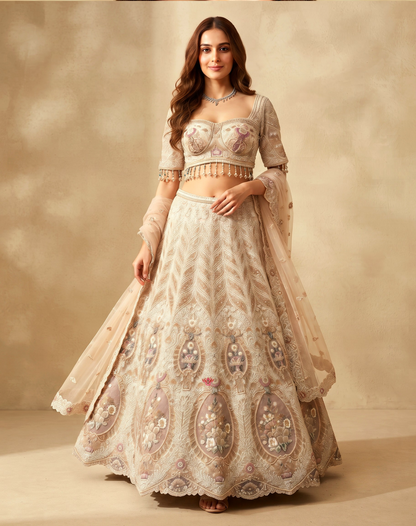 Pearl Bloom | Zari & Resham Embroidered Bridal Lehenga