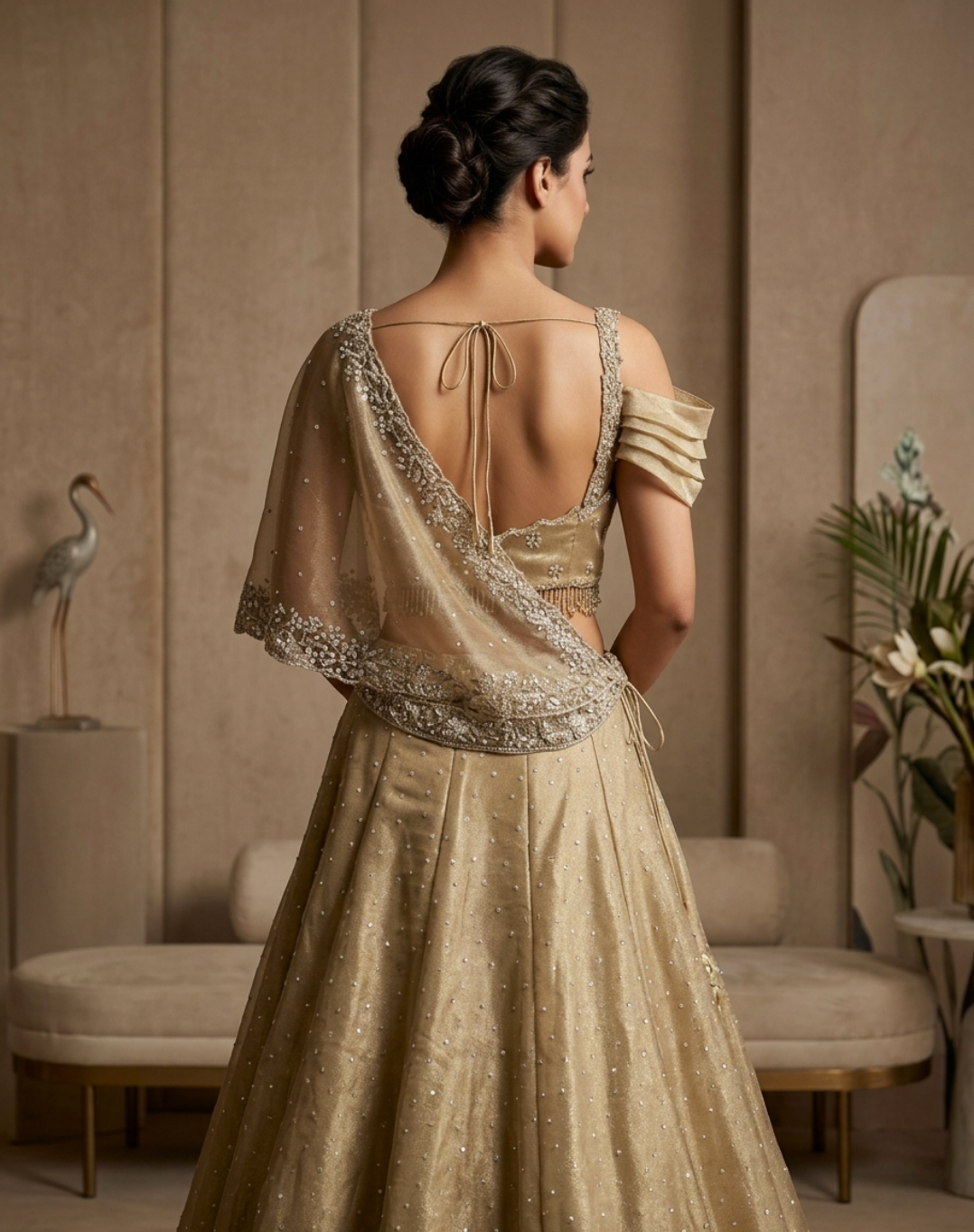 Champagne Gold Kashmiri Drape Skirt & Blouse Set