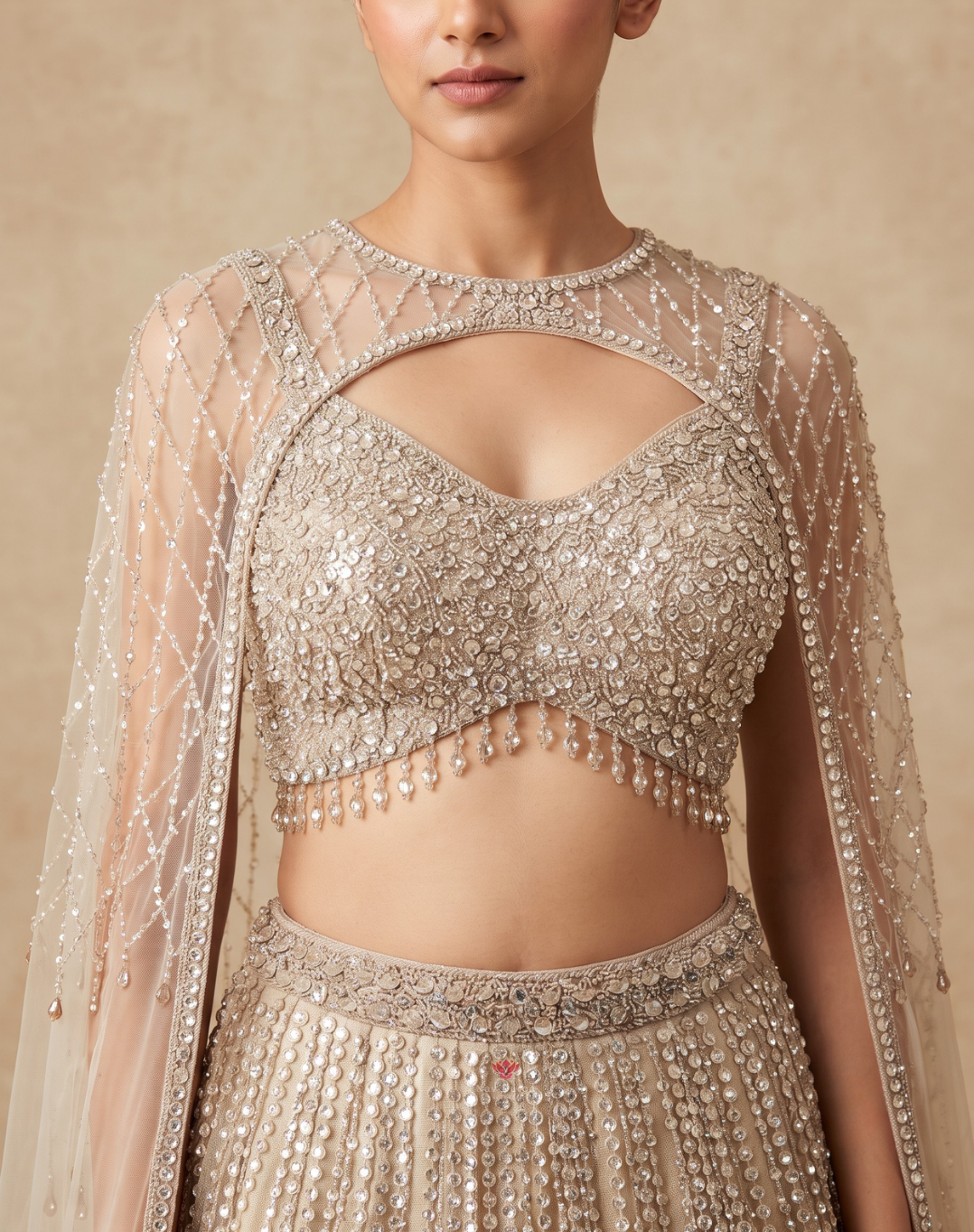 Crystal Reverie | Sequin & Bead Embellished Cape Lehenga
