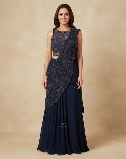 Midnight Allure | Beaded & Crystal Embellished Navy Blue Indo-Western Set