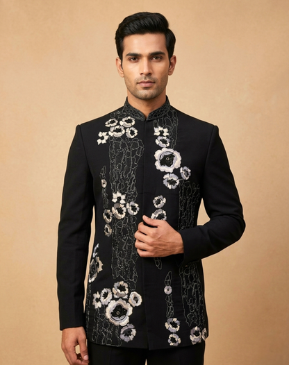 Black Orchid Embroidered Silk Indo-Western Set
