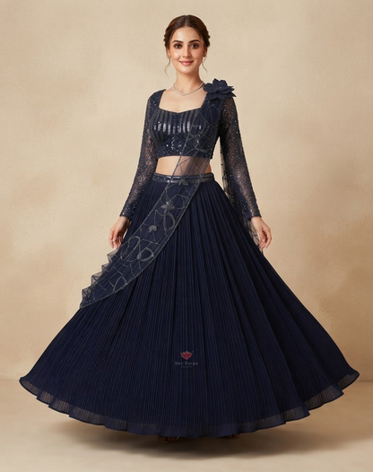 Midnight Bloom | Cutdana & Stone Embellished Navy Blue Georgette Lehenga