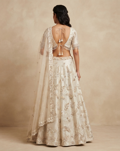 Ivory Bloom | Pearl & Crystal Embellished Tissue Lehenga