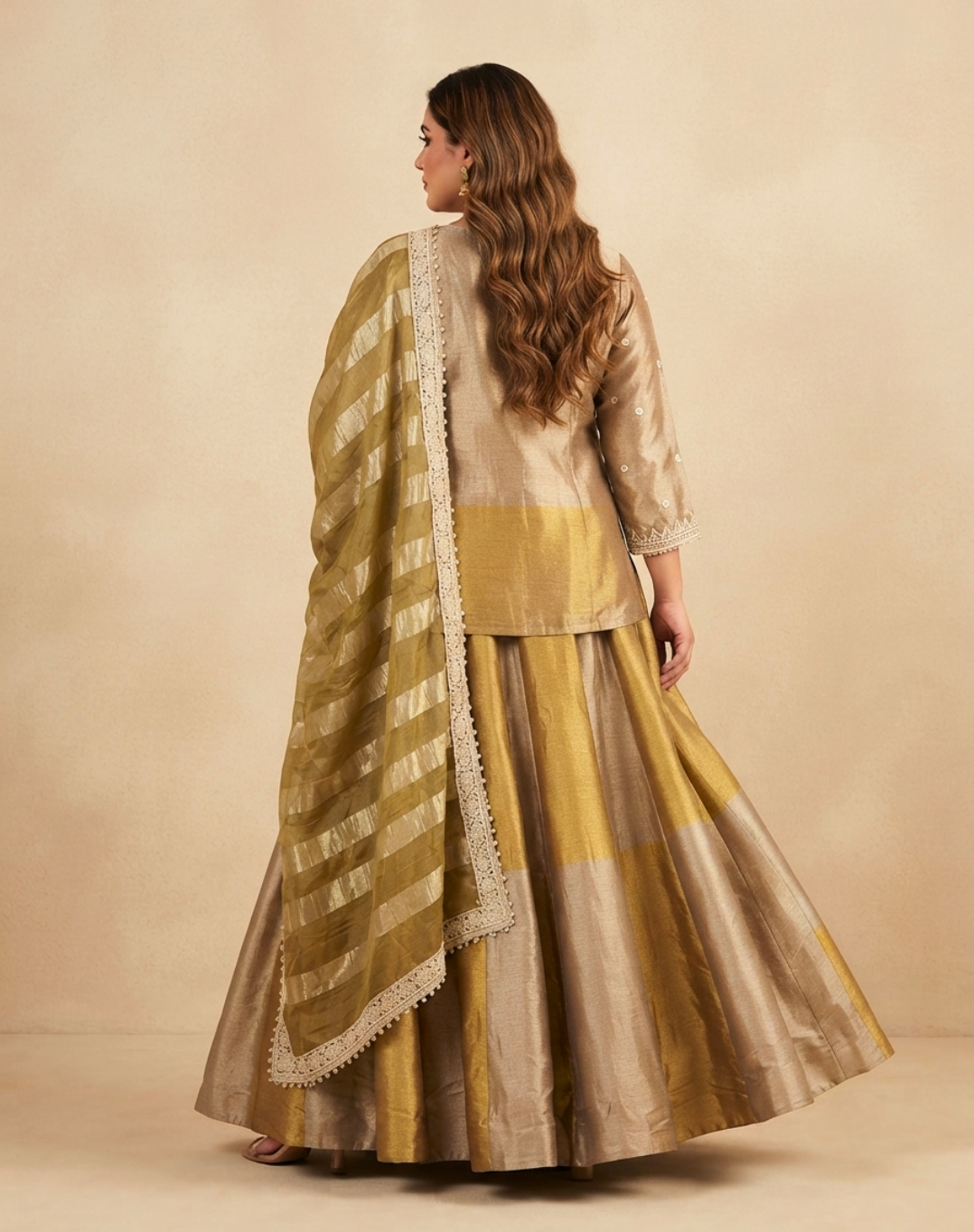 Champagne Gold Embroidered Tissue Suit Set