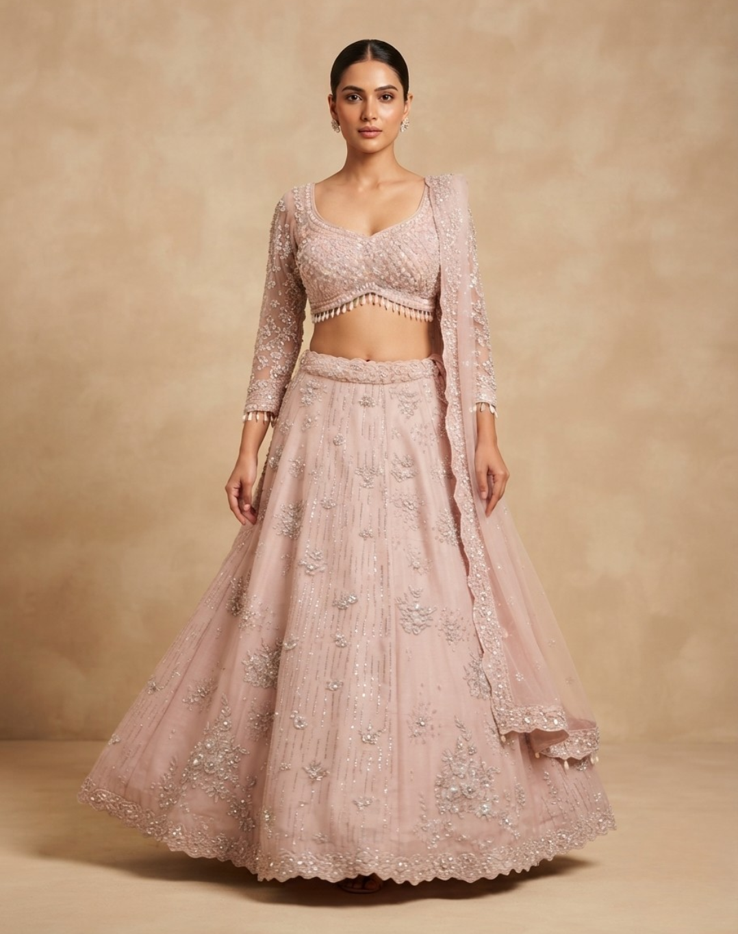 Rosé Veil | Zari & Cutdana Embroidered Lehenga