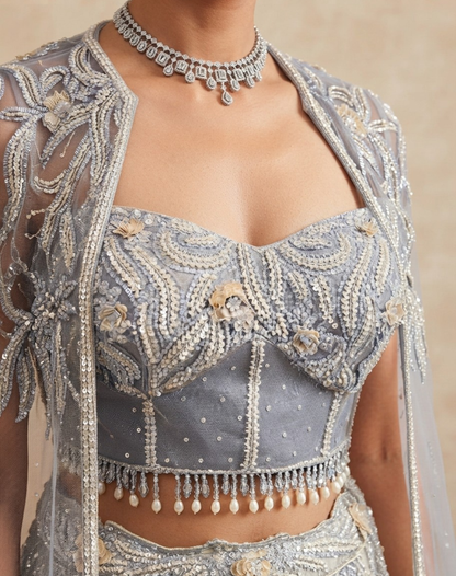 Icy Bloom | Pearl & Cutdana Embellished Kanjivaram Lehenga