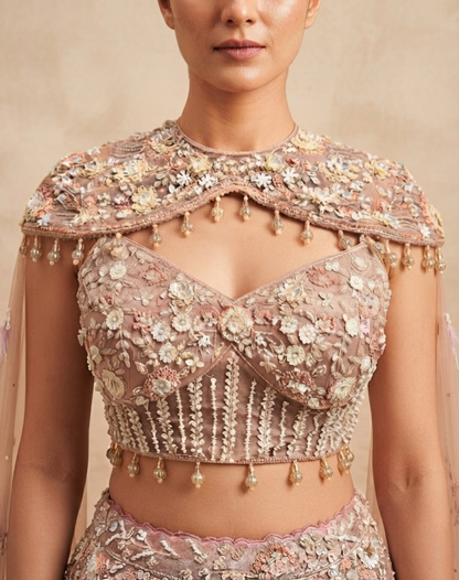 Blush Reverie | Pearl & Crystal Embellished Lehenga