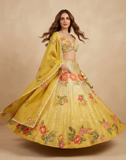 Marigold Bloom | Multicolour Mirror & Floral Embroidered Lehenga