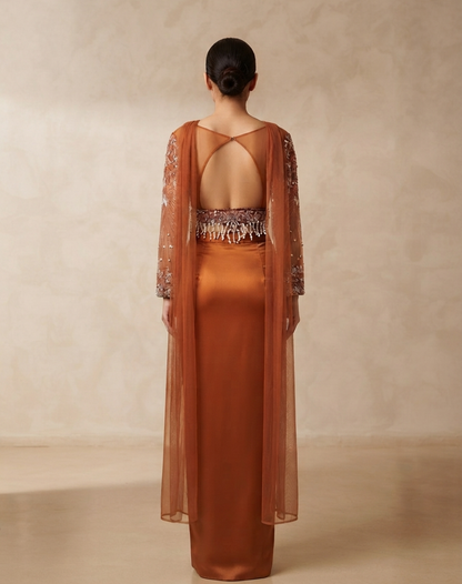 Burnt Copper Draped Skirt Set