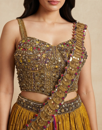 Sunehri Noor | Zari & Mirror Work Mustard Tissue Lehenga