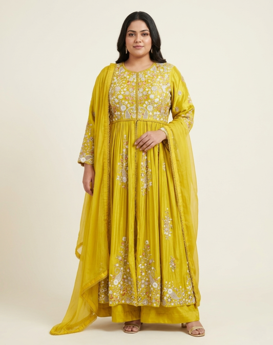 Mustard Yellow Embroidered Chinon Suit Set