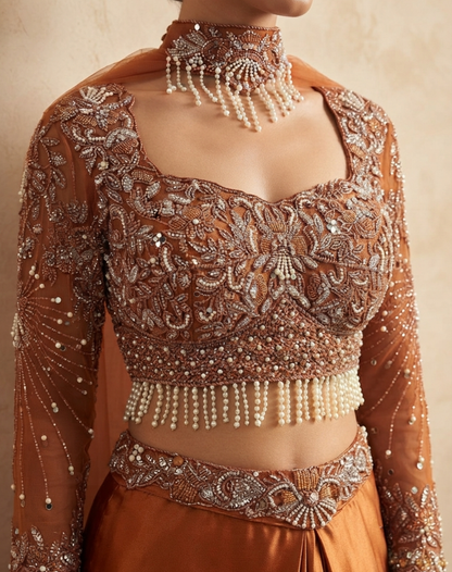 Burnt Copper Draped Skirt Set