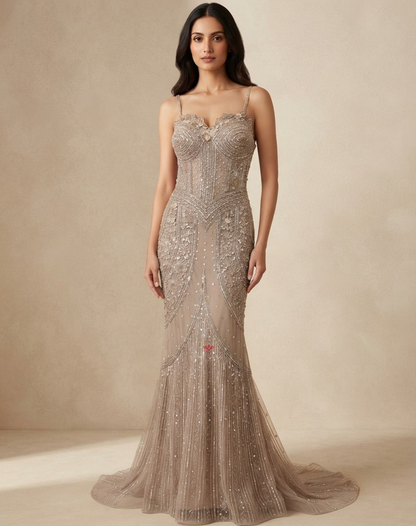 Moonlit Taupe | Cutdana & Sequin Embellished Mermaid Gown
