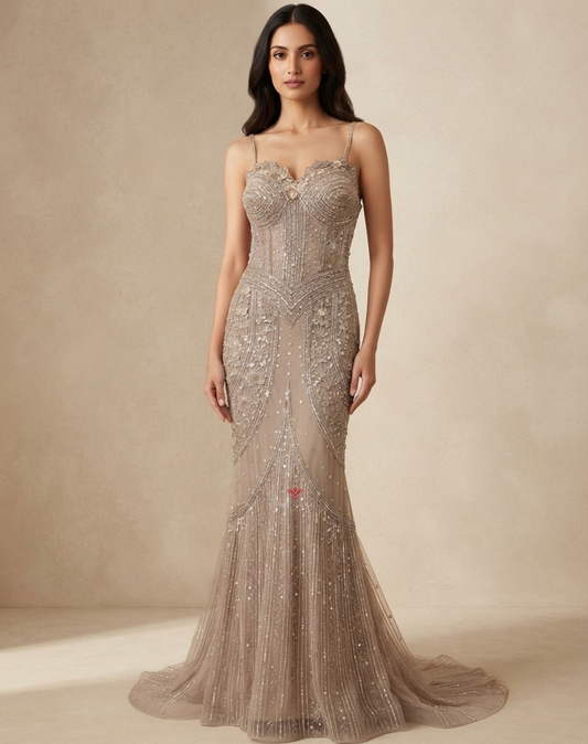 Moonlit Taupe | Cutdana & Sequin Embellished Mermaid Gown