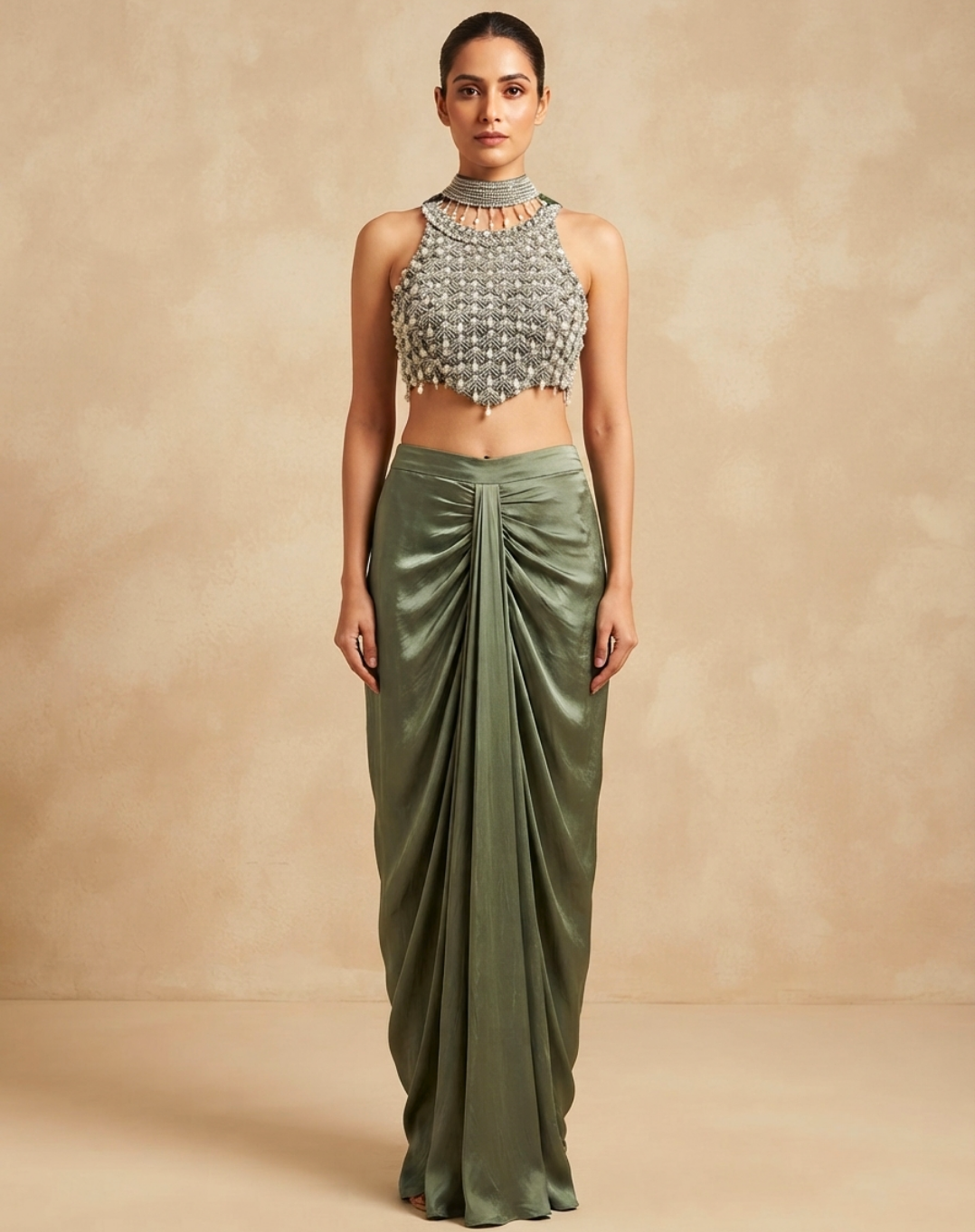 Olive Green Draped Indo-Western Set with Embellished Blouse