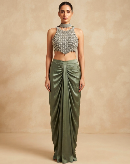 Olive Green Draped Indo-Western Set with Embellished Blouse