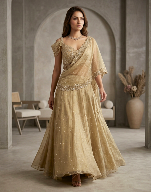 Champagne Gold Kashmiri Drape Skirt & Blouse Set