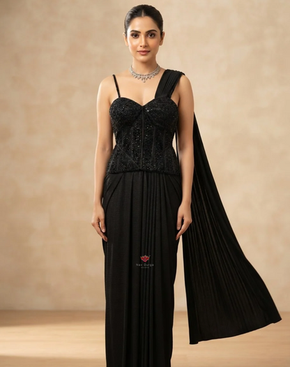 Midnight Muse | Cutdana & Sequin Embellished Draped Skirt Set