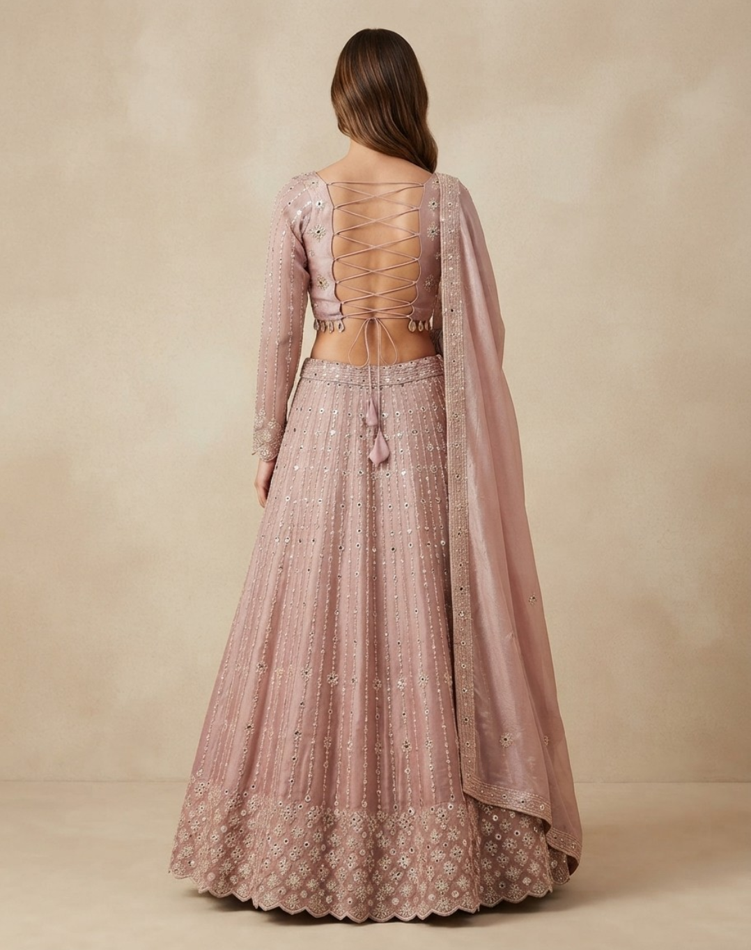 Sage Mist | Mirror & Cutdana Embellished Kanjivaram Lehenga