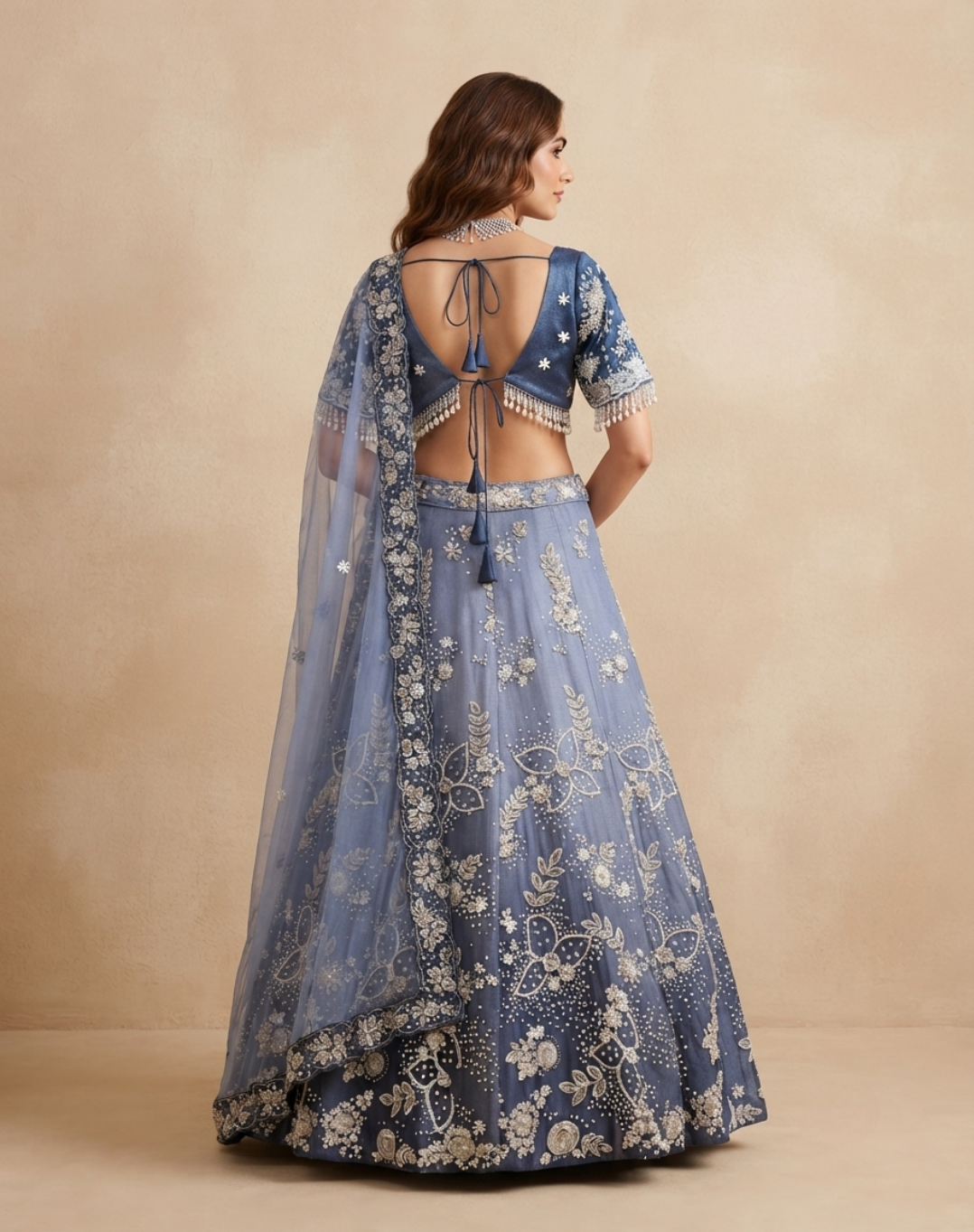 Ivory Bloom | Pearl & Crystal Embellished Tissue Lehenga