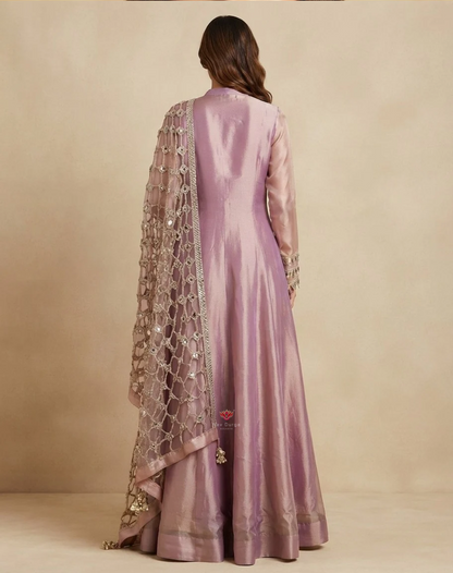 Moonlit Mauve | Zari, Sequin & Mirror Work Tissue Anarkali Suit