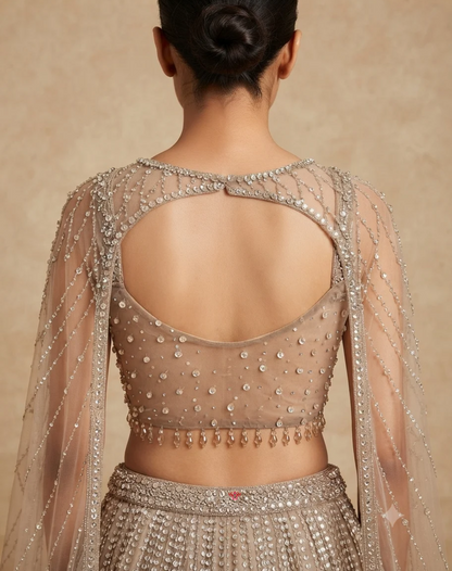 Crystal Reverie | Sequin & Bead Embellished Cape Lehenga