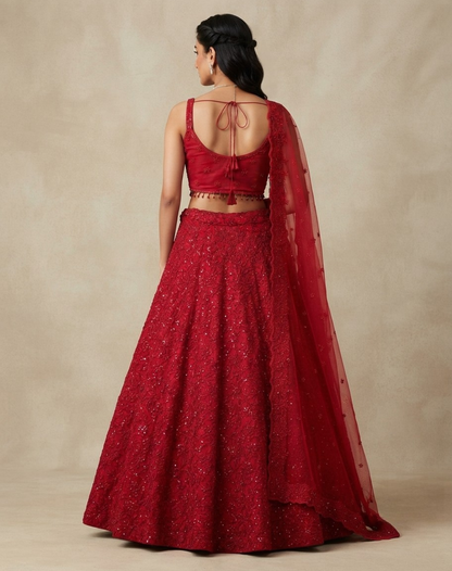 Crimson Bloom | Cutdana & Sequin Embellished Lehenga
