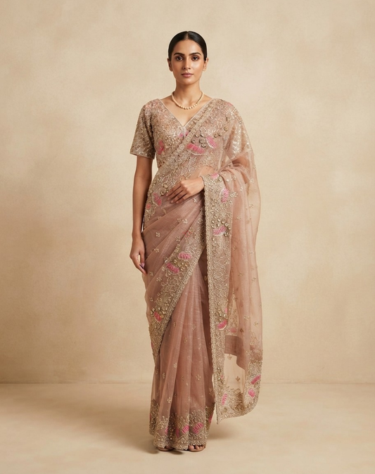 Rosé Petal | Sequin, Cutdana & Zari Embellished Tissue Saree