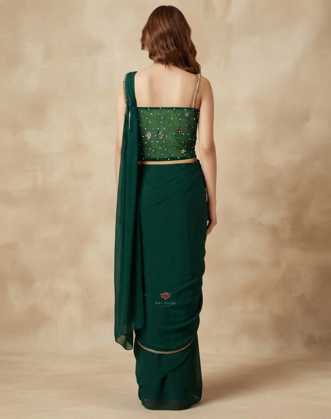 Emerald Muse | Pearl & Mirror Embellished Chinon Saree