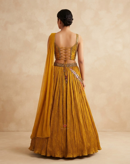 Sunehri Noor | Zari & Mirror Work Mustard Tissue Lehenga