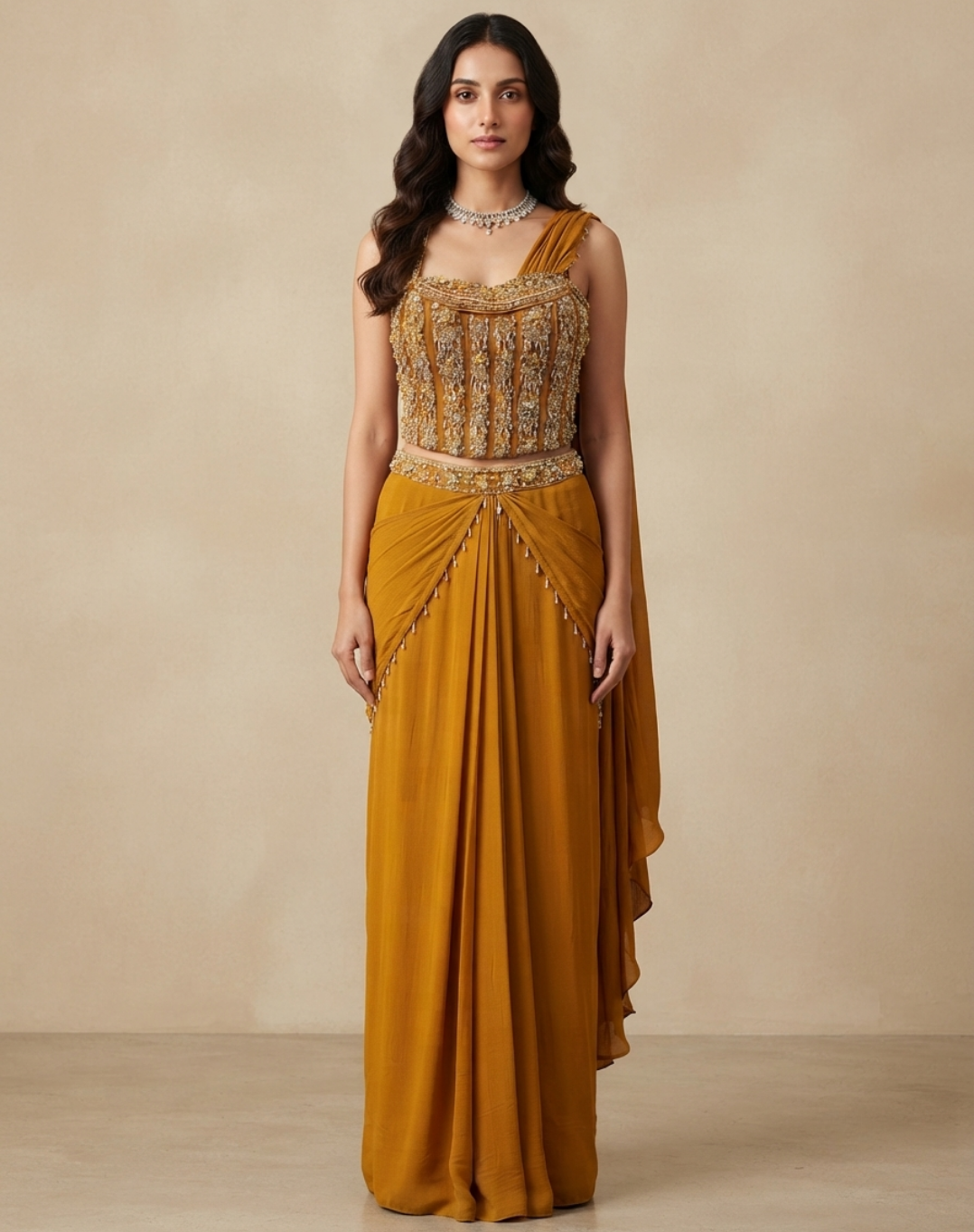 Mustard Mirror-Embellished Draped Skirt Set