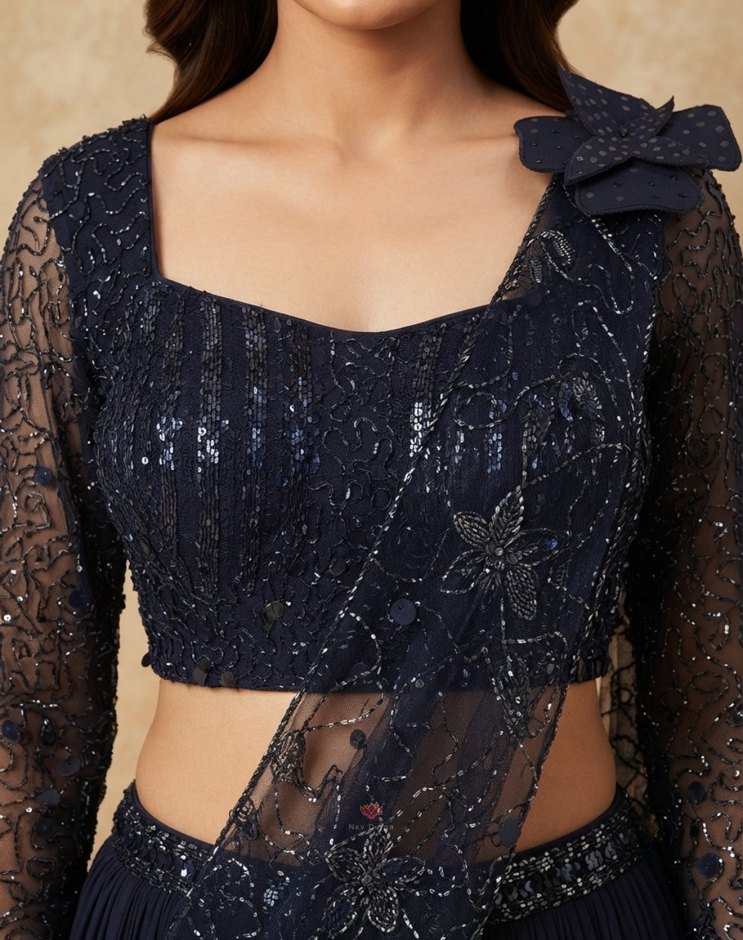 Midnight Bloom | Cutdana & Stone Embellished Navy Blue Georgette Lehenga