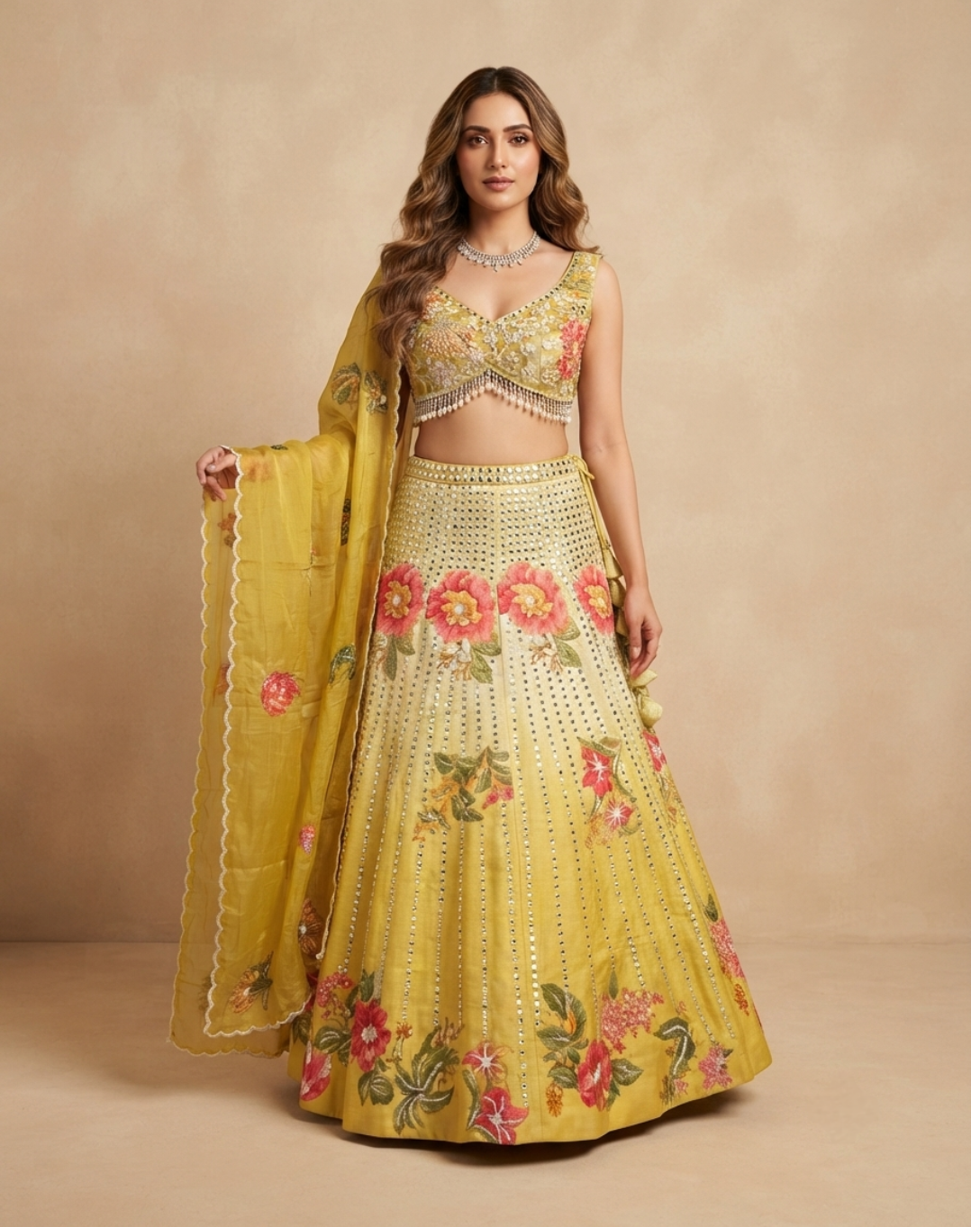 Marigold Bloom | Multicolour Mirror & Floral Embroidered Lehenga