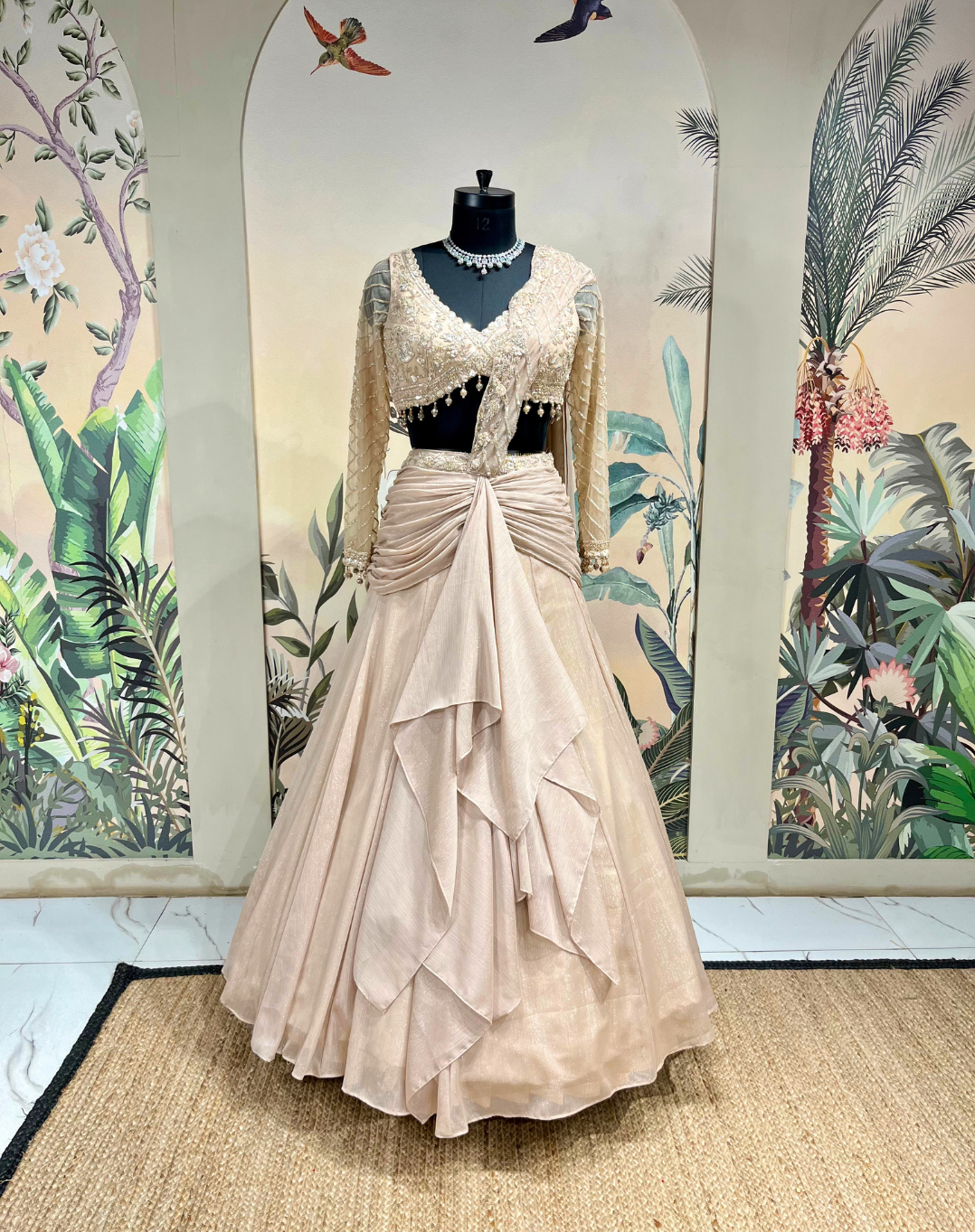 Champagne Radiance | Sequin & Cutdana Embellished Draped Skirt Set