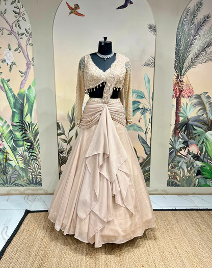Champagne Radiance | Sequin & Cutdana Embellished Draped Skirt Set
