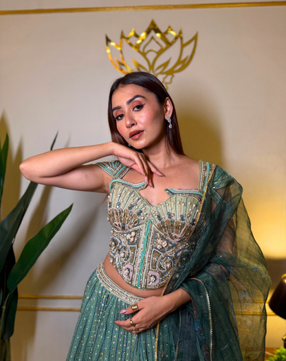 Emerald Aura | Embellished Organza Lehenga Set
